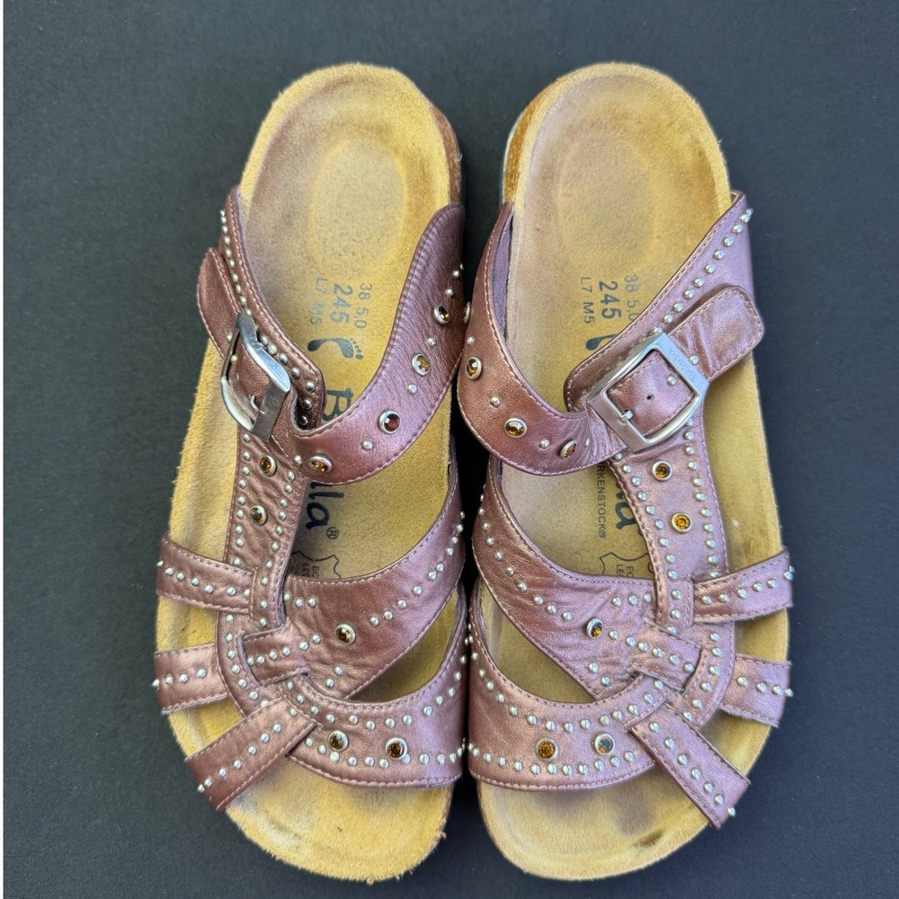 Betula Birkenstock 38 7 Metallic Bronze Studded Crystal Leather Sandals Lambada